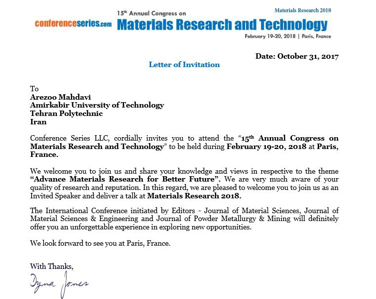 تبریک به مناسبت تأیید مقاله پژوهشی مهندس آرزو مهدوی؛ در کنفرانس بین‌المللی Materials Research and Technology 2018؛ افتخاری علمی برای دانشگاه امیرکبیر و روستای ورپشت